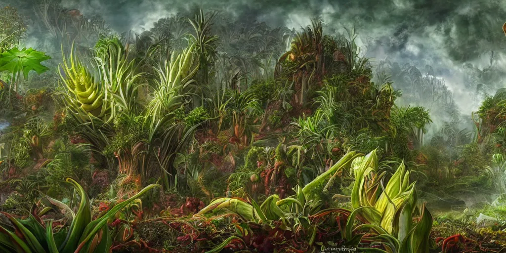 Prompt: a highly detailed matte painting of a giant carnivorous plant, pineapple, aloe, venus flytrap, sundew, pitcher plant, alien jungle background, concept art, trending on artstation