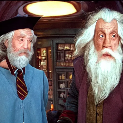 Prompt: harry potter and gandalf in quark's bar on deep space nine