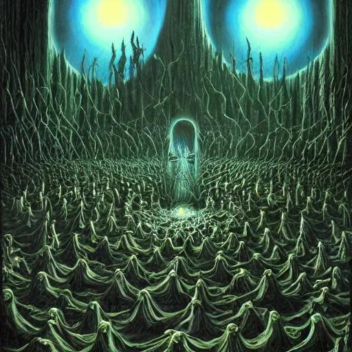 Image similar to a dark cabal of hooded elven mystics gathered in a circular formation around highly advanced alien computer technology processing the souls of the dead, dan seagrave art, michael whelan