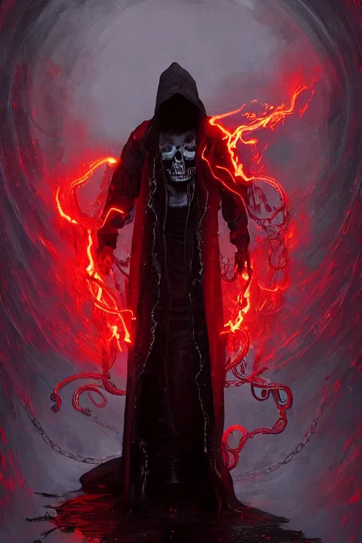 Image similar to A full body portrait of a mysterious character with a flaming skull with a very long hooded blood red and black cloak, tentacles coming out the ground art by Maciej Kuciara, and Cedric Peyravernay, ominous, cosmic horror, trending on artstation, Ultra detailed, hyper realistic 4k