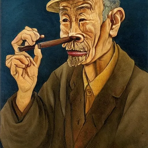Image similar to a sad old chinese man with his pipe in his mouth, high quality, high resolution,detailed, oil painting by otto dix (1921)