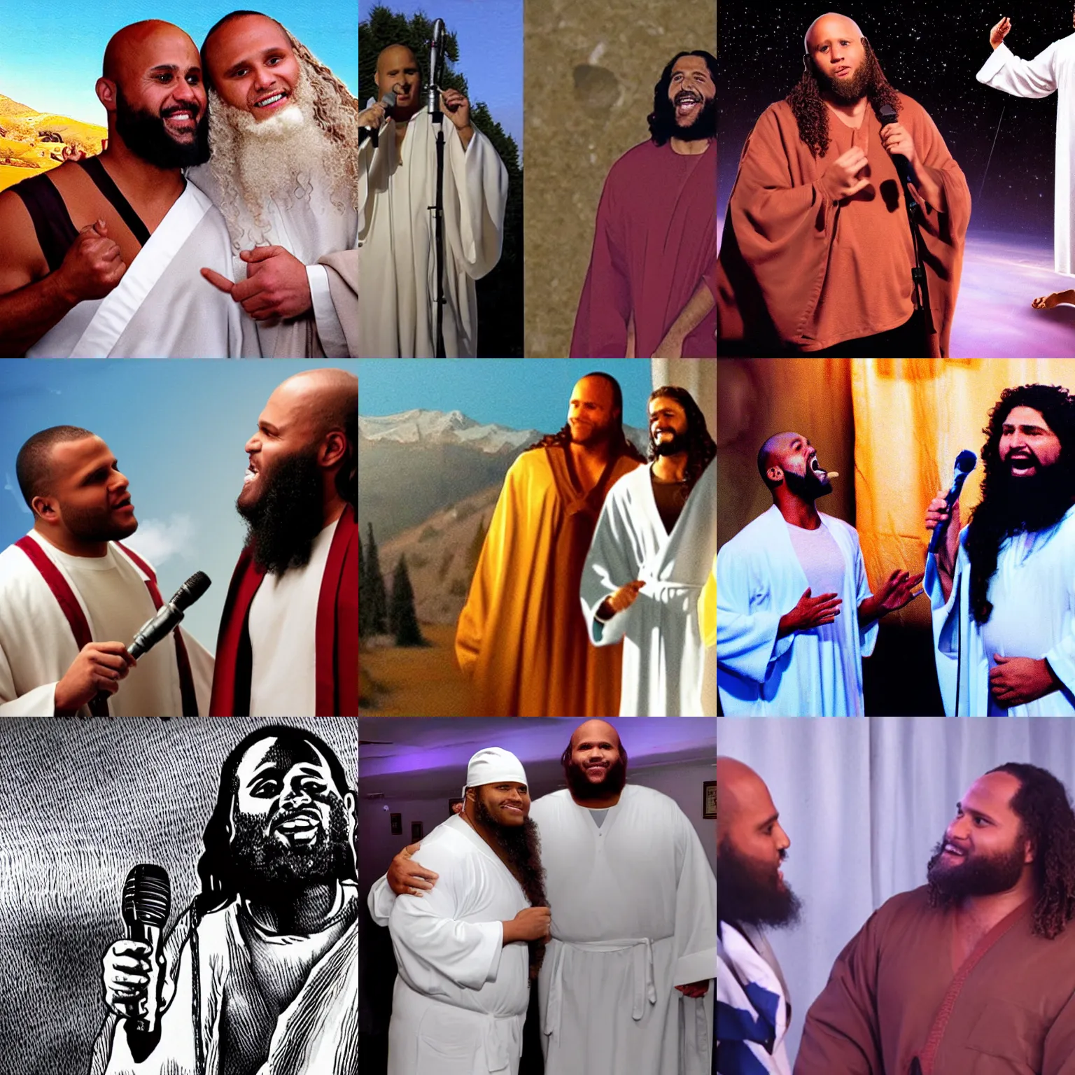 Prompt: chris dorner singing karaoke in heaven with Palestinian jesus wearing robes