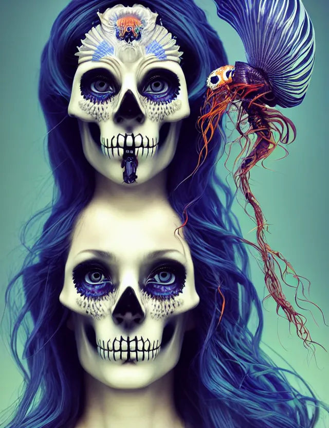 Prompt: 3 d goddess skull half - turn portrait with long hair with ram skull. beautiful intricately detailed japanese crow kitsune mask and clasical japanese kimono. betta fish, jellyfish phoenix, bio luminescent, plasma, ice, water, wind, creature, artwork by tooth wu and wlop and beeple and greg rutkowski