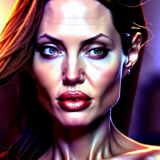 Image similar to beautiful digital painting of angelina jolie background with high detail, 8 k, movie cyborg 2, teen, young, stunning detail, photo by artgerm, greg rutkowski and alphonse mucha, unreal engine 5, 4 k uhd