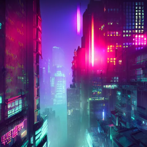 Image similar to atmospheric cyberpunk cityscape at night, volumetric neon lightning with fog, very detailed, 8 k, trending on artstation