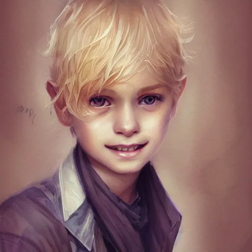 Image similar to young boy, blonde hair, happy eyes, smile, gorgeous, amazing, delicate, elegant, intricate, highly detailed, watercolor, portrait, artstation, concept art, sharp focus, illustration, art by charlie bowater and Ross tran