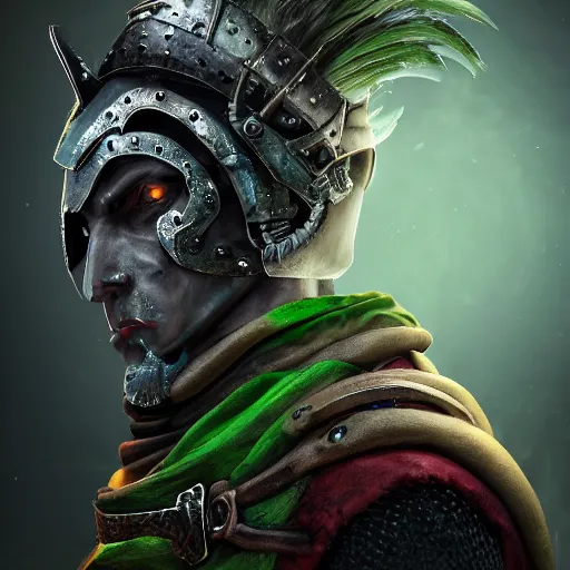 Image similar to an oil art close up portrait of young man, roma dark paladin, with grey green magic in style of dark souls character, gipsy man jester character design from ravenloft, 4 k, ultra detail, volumetric lighting, unreal engine, octane render