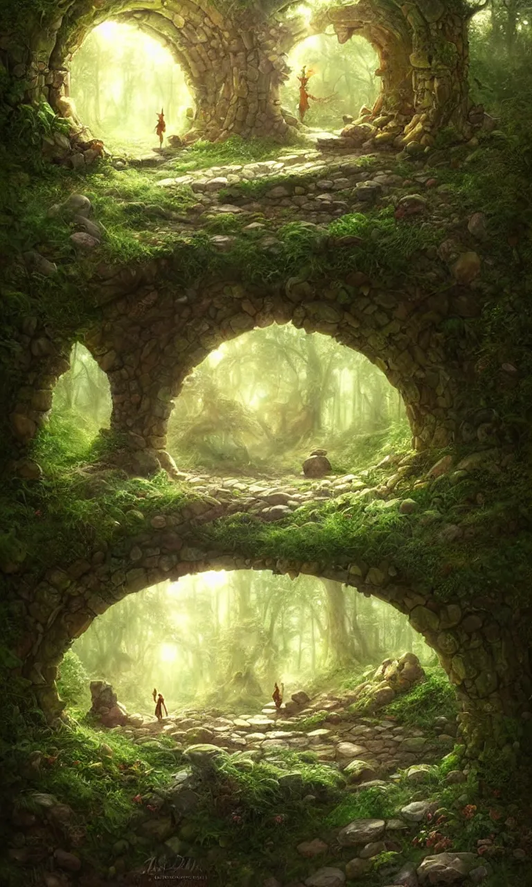 Image similar to Fantasy Magical fairy-tale stone portal in the forest. Round stone portal teleport in trees to other worlds. Fantastic landscape. Magic Altar in the fores, highly detailed, digital painting, artstation, concept art, smooth, sharp focus, illustration, art by artgerm and greg rutkowski and alphonse mucha