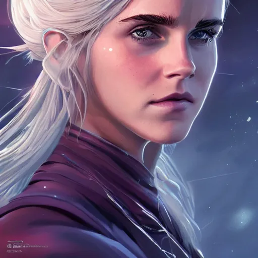 Image similar to a detailed matte portrait of emma watson dressed at ciri from the witcher, scar over green eye, long white hair, art by dan mumford and yusuke murata and makoto shinkai and ross tran, cosmic, heavenly, god rays, intricate detail, cinematic, 8 k, cel shaded, unreal engine, featured on artstation, pixiv