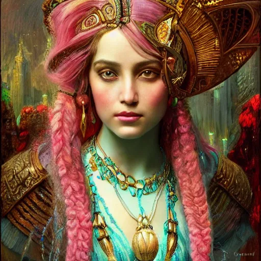 Image similar to artstation, intricate detail, hyper detail, portrait by gaston bussiere, tan skin, lady of elche, egyptian sumerian features, techno mystic goddess princess intergalactica inanna with aqua neon rapunzel dreadlocks,