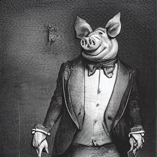 Image similar to detailed portrait of a creepy pig in a tuxedo, dramatic light, Chiaroscuro, dark, illustration by Paul Gustave Doré