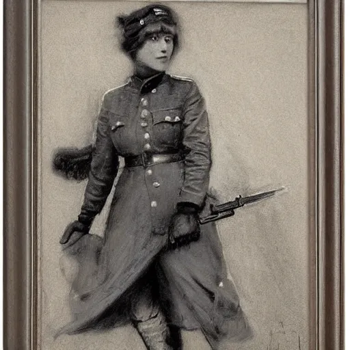 Image similar to ww 1 action heroine by alfred stevens in charcoal