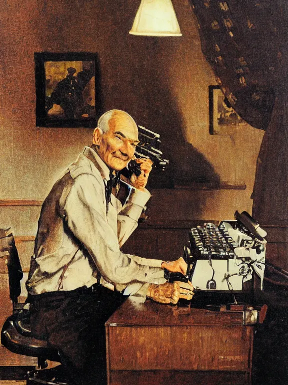 Image similar to portrait of robert a heinlein sitting at a typewriter, in a style blend of norman rockwell and frederick remington and mort kunstler, oil painting, volumetric lighting, intricate details