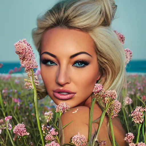 Prompt: photographic portrait of a stunningly beautiful lindsey pelas in the waves of an undulating sea of flowers in soft dreamy light at sunset, soft focus, contemporary fashion shoot, hasselblad nikon, in a denis villeneuve movie, by edward robert hughes, annie leibovitz and steve mccurry, david lazar, jimmy nelsson, hyperrealistic, perfect face