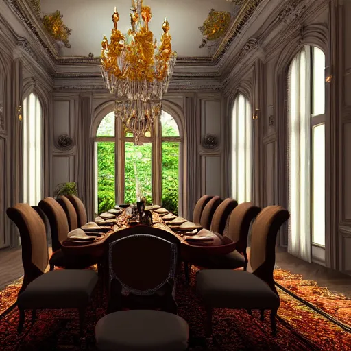 Prompt: Dining room, luxury, Victorian, artstation, hyper realistic, 8K, cool lighting, sleek, bed, cabinet furniture, large windows to forest at night