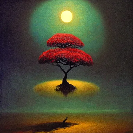 Prompt: a giant bonsai tree with a glowing red full moon paintet by beksinski, oil painting, moody, volumetric light