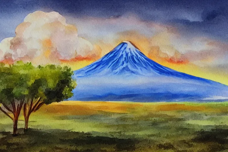 Image similar to peaceful sunny landscape with burning volcano in center and heavy thunderstorm above it, aquarelle painting, trending on artstation, 4 k