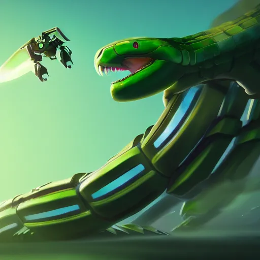 Image similar to concept art of gigantic snake robot flying through an ethereal green sky, fighting a mehcanical kangaroo, 4 k, trending on artstation, 8 k