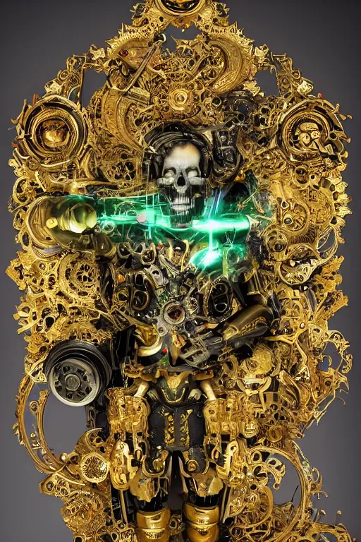 Image similar to full-body baroque and cyberpunk style sculpture of a young handsome Spanish prince half android with a chest opening exposing sparking circuitry, glowing green laser eyes, crown of mechanical gears and flowers, flowing golden-colored silk, fabric, steampunk archways. baroque elements, human skull. full-length view. baroque element. intricate artwork by caravaggio. many many birds birds on background. Trending on artstation, octane render, cinematic lighting from the right, hyper realism, octane render, 8k, depth of field, 3D