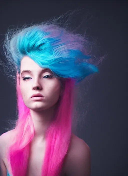 Image similar to a dramatic lighting photo of a beautiful young woman with cotton candy hair. blood splashes with a little bit of cyan and pink