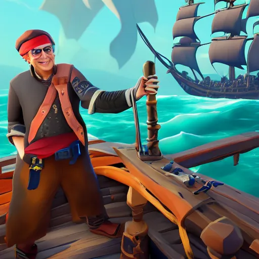 Image similar to Bill Gates as a pirate in the game Sea of thieves, digital art, trending on artstation