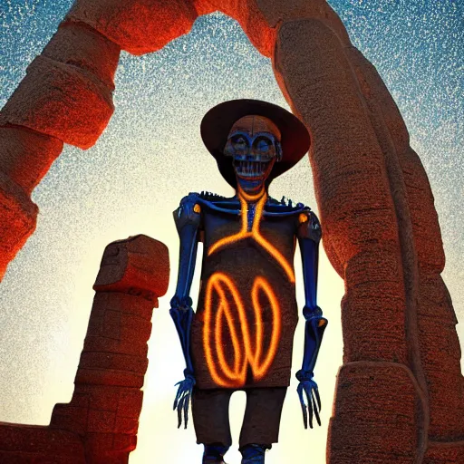 Prompt: photo, an ancient african adventurer in flowing colorful robes exploring an ancient alien temple with a glowing futuristic lantern, skeleton wearing a brown jacket and hat, ancient alien carvings, beam of moonlight through a hole in the overgrown ceiling, giant massive stone statue of a sitting alien king