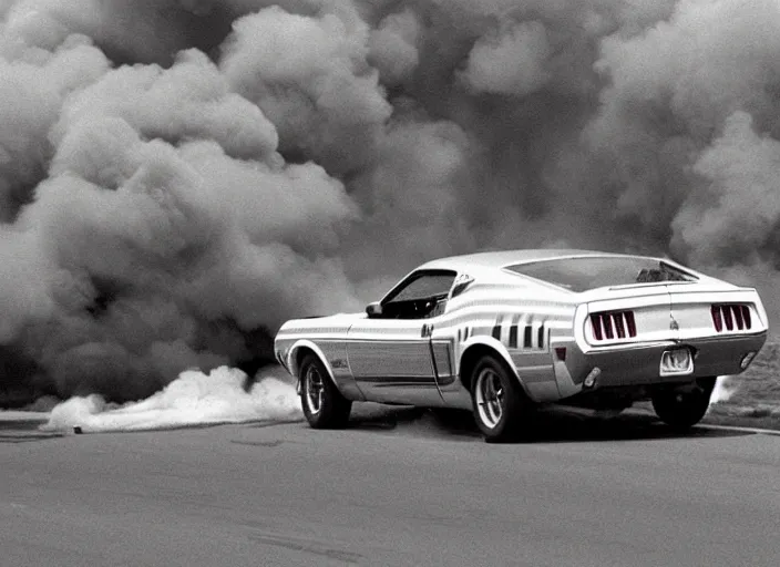 Image similar to a mustang mach 1 from 1 9 7 3 driving from a explosion