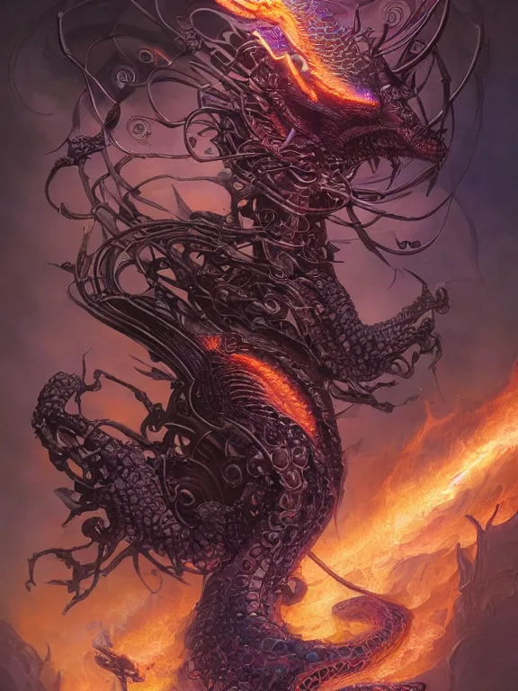 Image similar to black serpent breathing purple fire, ultra realistic, wide angle, intricate details, the fifth element artifacts, highly detailed by peter mohrbacher, hajime sorayama, wayne barlowe, boris vallejo, aaron horkey, gaston bussiere, craig mullins