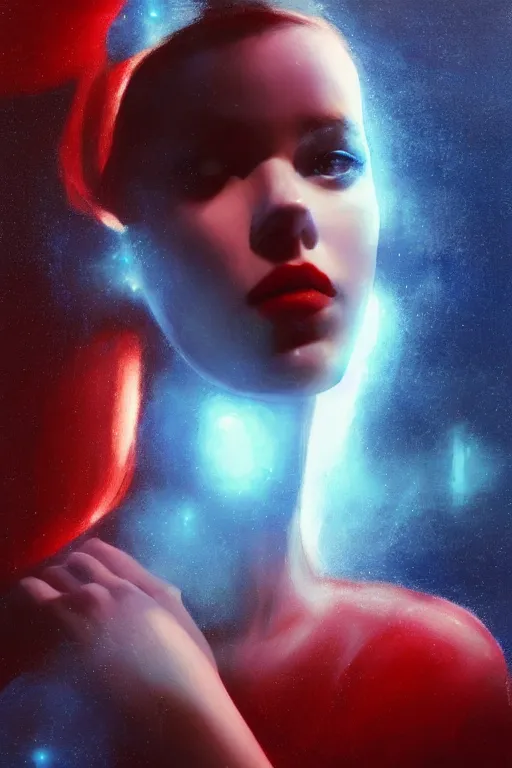 Image similar to 3 d, sci - fi, morning, closed eyes fashion model face, sun, cinematic, lightning clouds, vogue cover style, stanley kubrick, light red and deep blue mood, realistic painting, intricate oil painting, high detail, figurative art, multiple exposure, poster art, 3 d, by tooth wu and wlop and beeple and greg rutkowski