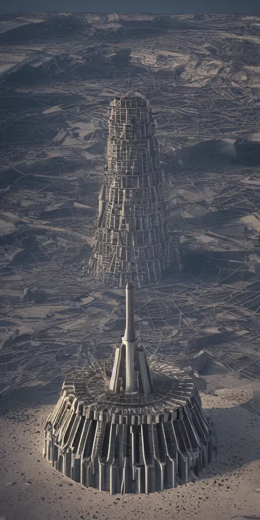 Image similar to realistic race to the tower of babylon destroyed, white architecture, cerro dominador radial vertical solar power plant in the desert, trending on artstation, featured on behance, octane render, award winning, archviz, matte painting, epic