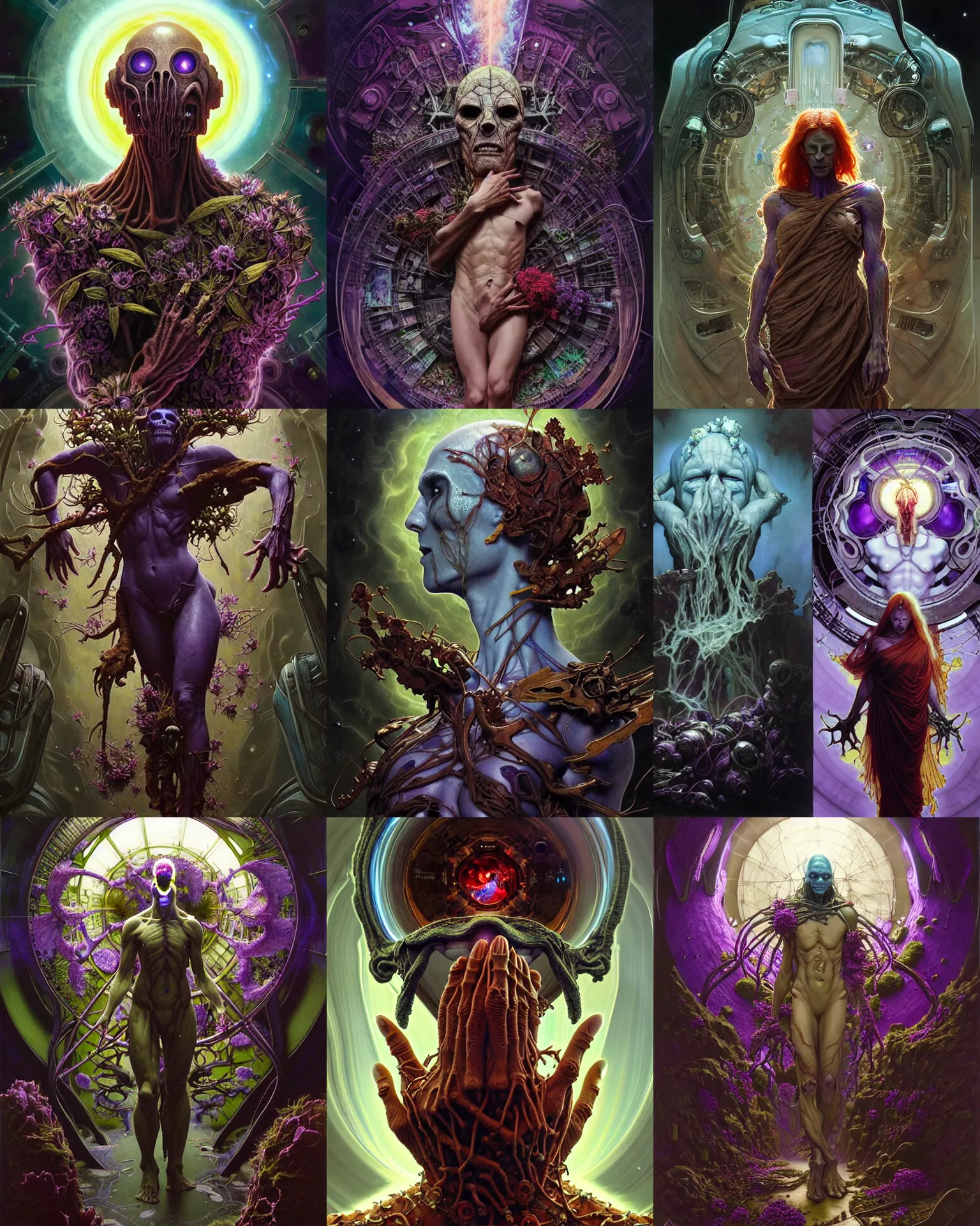 Prompt: the platonic ideal of sci - fi, flowers and ayahuasca cletus kasady ultimate carnage thanos dementor wild hunt doctor manhattan chtulu nazgul mandelbulb davinci, d & d, fantasy, ego death, detailed, intricate, hyperrealism, intense, scary, decay, art by artgerm and greg rutkowski and alphonse mucha