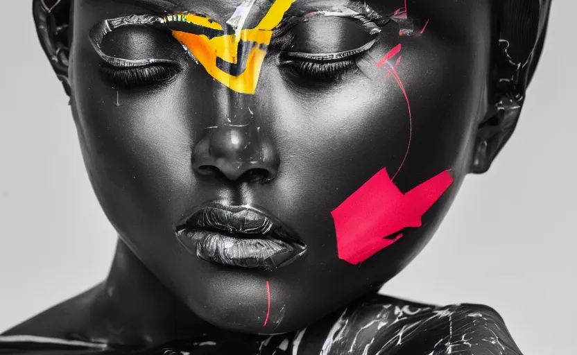 Image similar to close up portrait of extremely beautiful female black marble statue in the style of virgil abloh, colorful motocross logos behind her, sharp focus, clear, detailed,, cinematic, detailed, off white, glamourous, symmetrical, vogue, editorial, fashion, magazine shoot, glossy