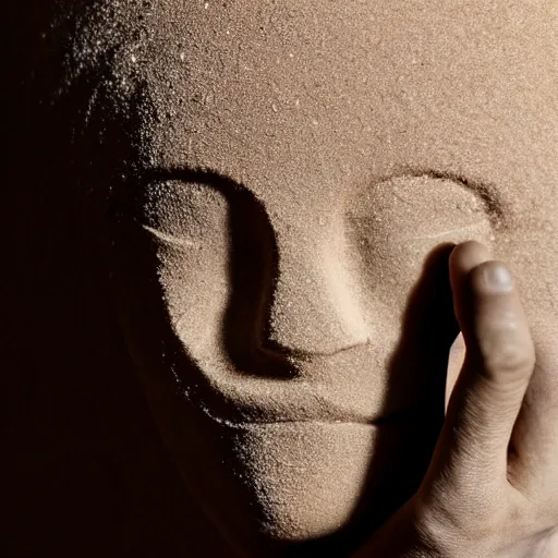 Image similar to a hand holding a face made of sand vanishing, photorrealistic, 8 k