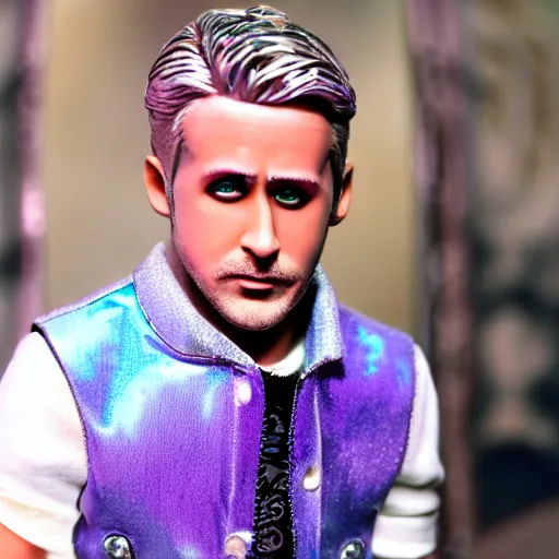 Image similar to Ryan Gosling with silver-violet hair, white eyes inflated press and denim glittery vest, wide lens, diorama, 4k,