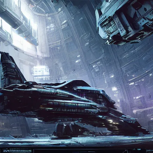 Image similar to spaceship in dark space, sci-fi, cyberpunk, unreal engine 5, photorealistic, detailed, old, desolate, by Stanley Artgerm, Travis Charest, Carne Griffiths, sleek, futuristic, alien, white, blue, purple, trending on artstation, detailed, intricate, steampunk