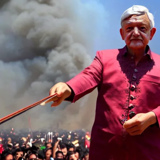 Image similar to amlo dressed as nero, playing the violin as mexico burns