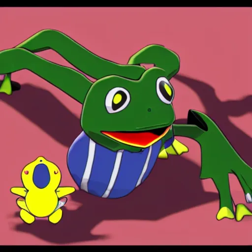 Image similar to frog pokemon trainer, wes anderson, screenshot from pokemon sword and shield