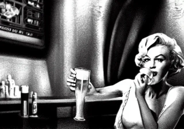 Prompt: A long-shot, color cinema film still of a Marlin Monroe drinking beer in the Mos Eisley's Tavern, Two aliens around, misty, studio lighting; from Star Wars(1977)