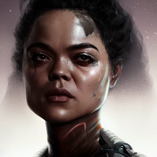 Image similar to tessa thompson portrait, dystopia core, apocalyptic, armor, warrior, dramatic, sharp focus, fiction, neon, fantasy, hyper detailed, digital art, trending in artstation, cinematic lighting, studio quality, smooth render, unreal engine 5 rendered, octane rendered, art style and nixeu and wlop and krenz cushart