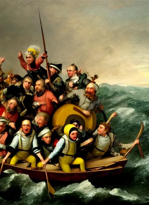 Prompt: minions crossing the delaware, oil painting by emanuel leutze, exact replica