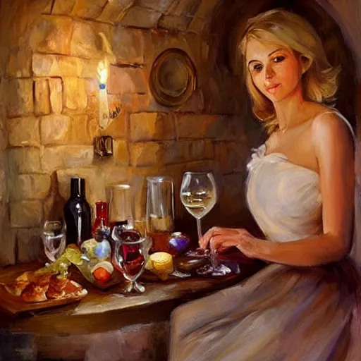 Image similar to wine cellar full of food, torches on the wall, schnapps, romantic, inviting, cozy, blonde woman, painting Vladimir Volegov