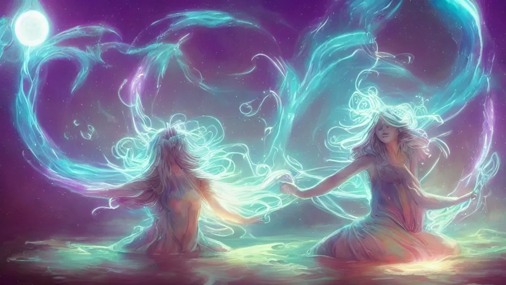 Image similar to a beautiful whimsical goddess floating above a lake basking in the moonlight, casting a spell, underneath a multi-colored binary blackhole with an accretion disc, glowing trails following her arms, acidwave, by Lois van Baarle, by Greg Rutkowski, by artgerm, by beeple, by studio ghibli, cinematic angle, volumetric lighting, 4k resolution, octane render, trending on artstation, masterpiece