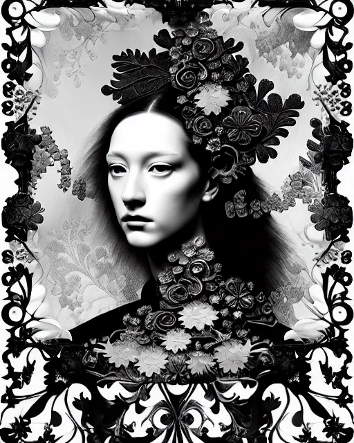 Image similar to masterpiece monochrome profile portrait painting, dutch masters, silver lace floral steampunk biomechanical beautiful one techno eye young female cyborg, big monocular, volumetric light, leaves foliage and stems, hibiscus flowers, alexander mcqueen, rim light, big gothic fashion pearl embroidered collar, 8 k