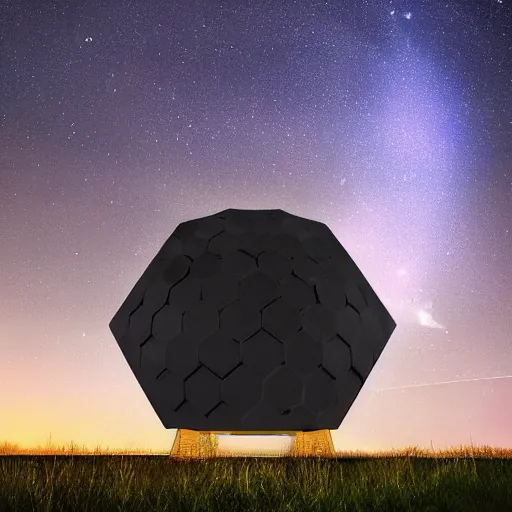 Image similar to mystical hexagonal portal in the night sky, made out of pure energy, hyperrealistic, photography