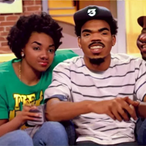 Image similar to a tv still of Chance The Rapper starring as a black college student at Jones College Prep in a 1993 sitcom