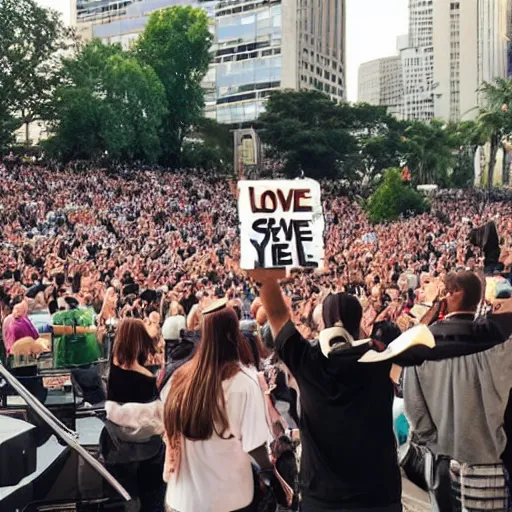 Image similar to man at concert waving placard, stating we love you stevie wonder