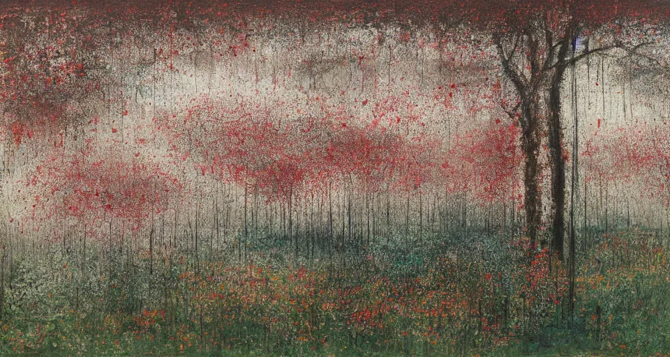 Prompt: A painting of an English Garden in summer, dawn, by Chiharu Shiota