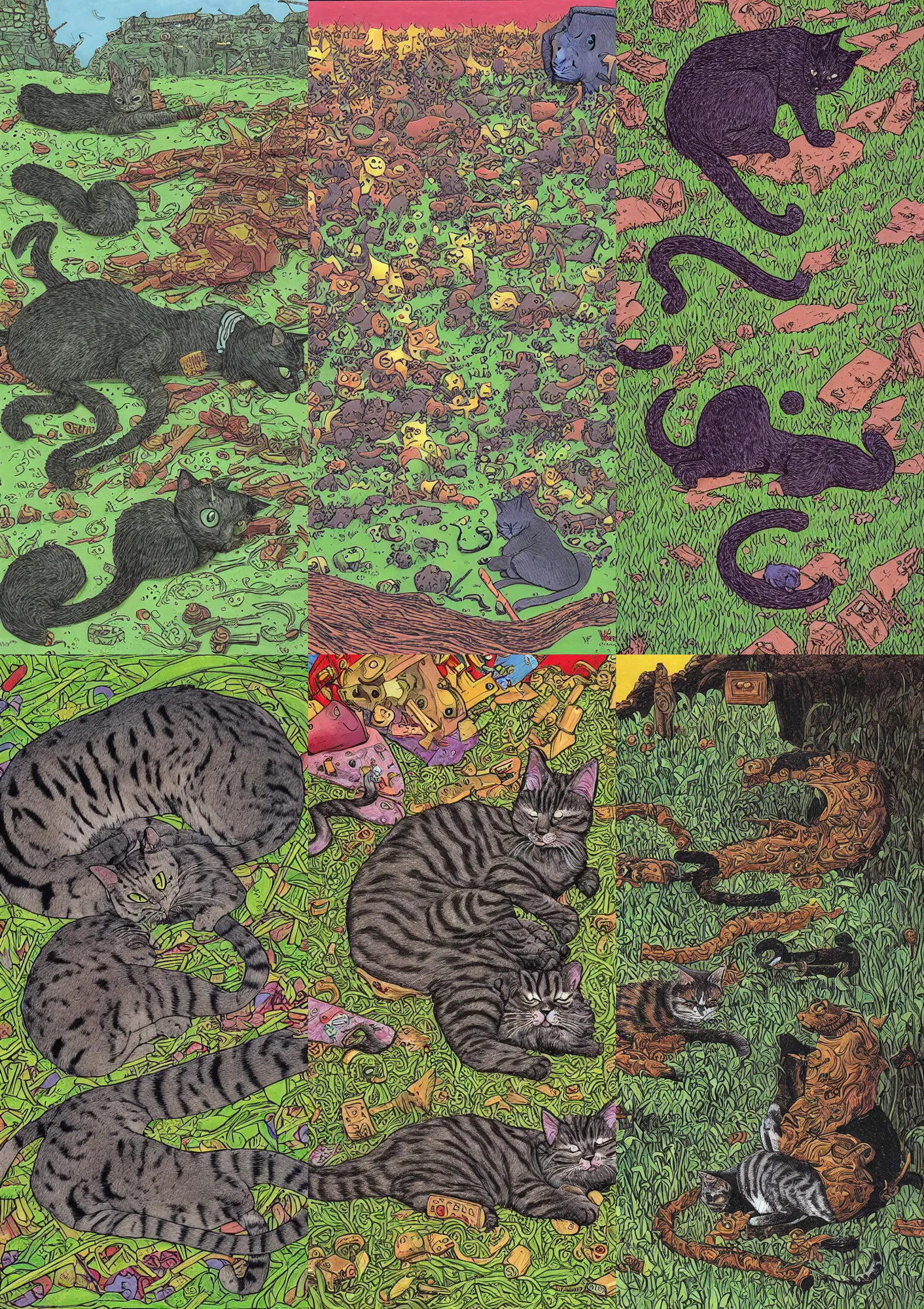 Prompt: a cat taking a Nap in a battlefield by Jim Woodring,