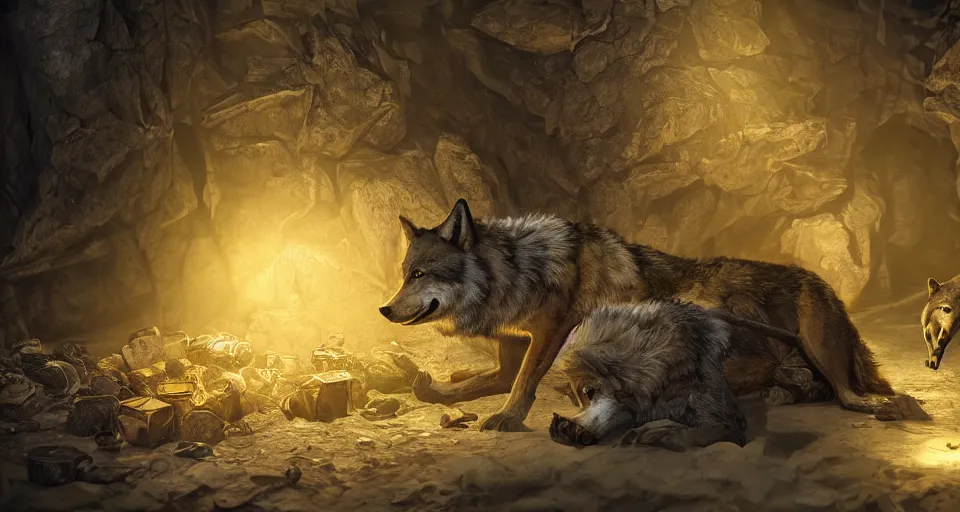 Image similar to wolves and their treasures. digital painting. dungeons, gold, translucent, intricate detail dynamic lighting, hyperrealistic, octane render, highly detailed concept art