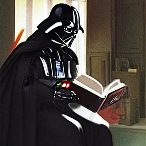 Prompt: Darth Vader reading a tale to young Luke Skywalker